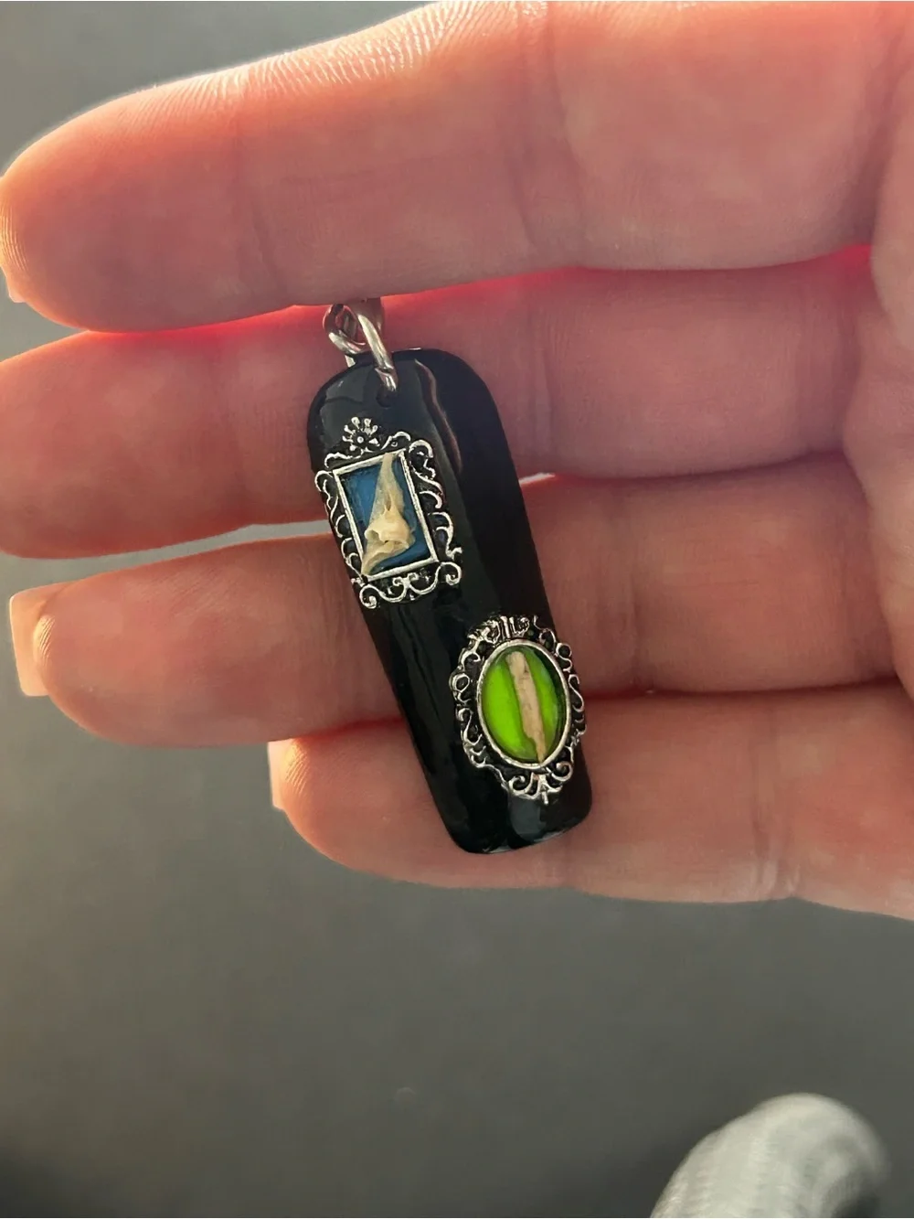 Handmade Black Pendant with Lime Green & Blue Accents